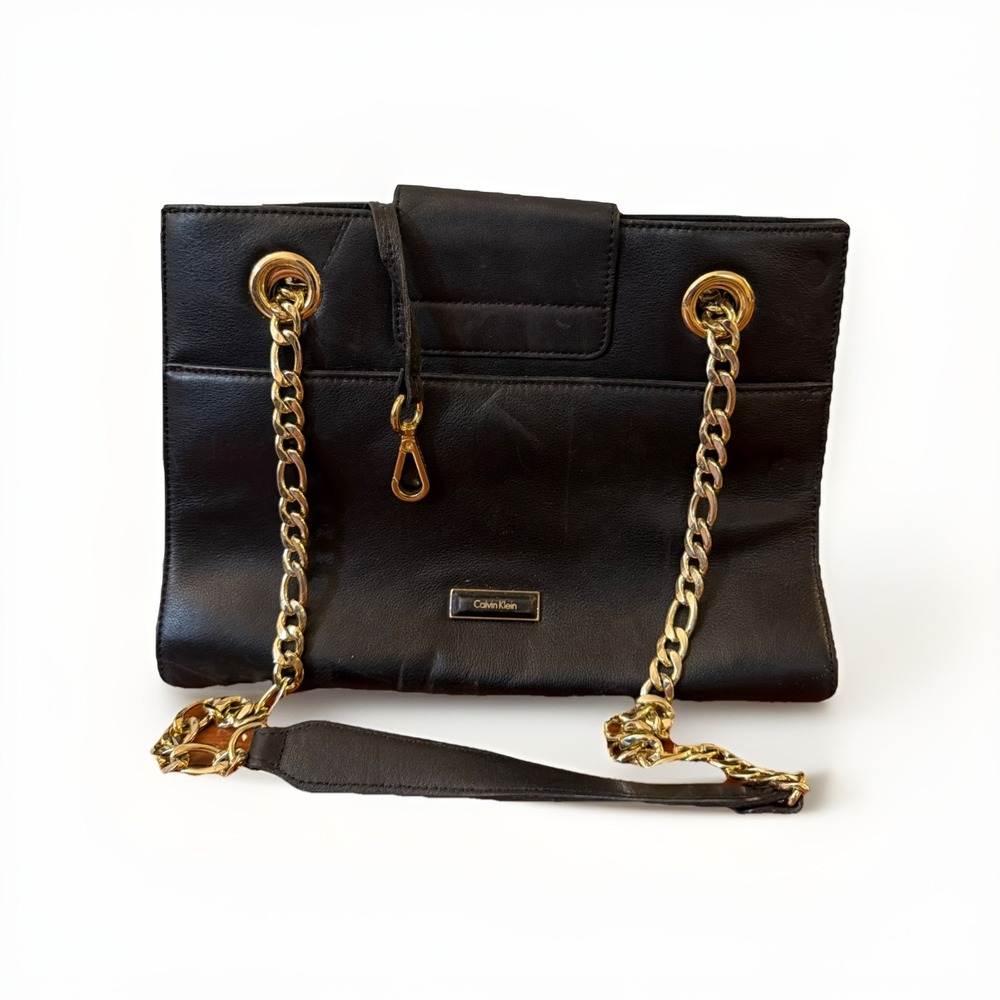 Calvin Klein Black Shoulder Bag Gold Chain Strap Zip Top Logo Accent Textured